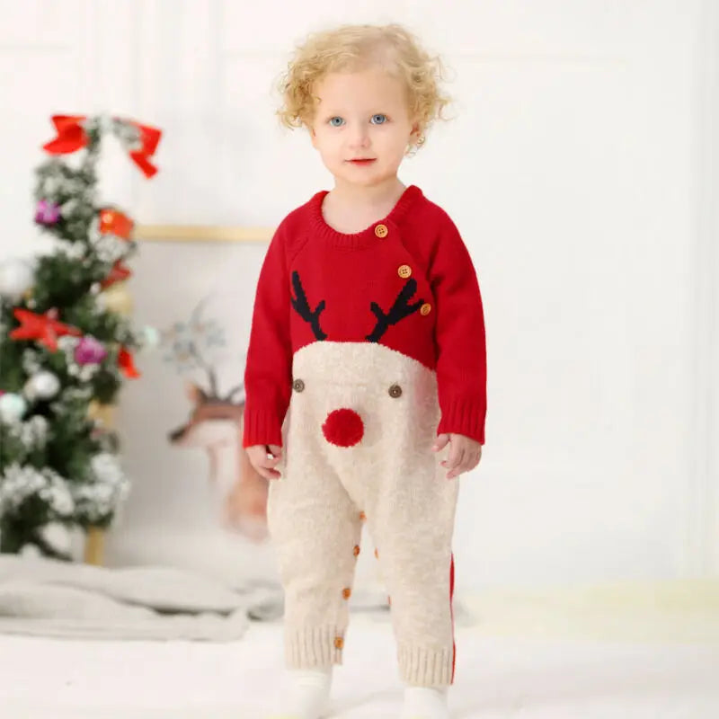 0-18M Christmas Baby Clothes Newborn Infant Boy Girl Deer Romper Knitted Warm Jumpsuit Xmas Baby Costumes Clothes