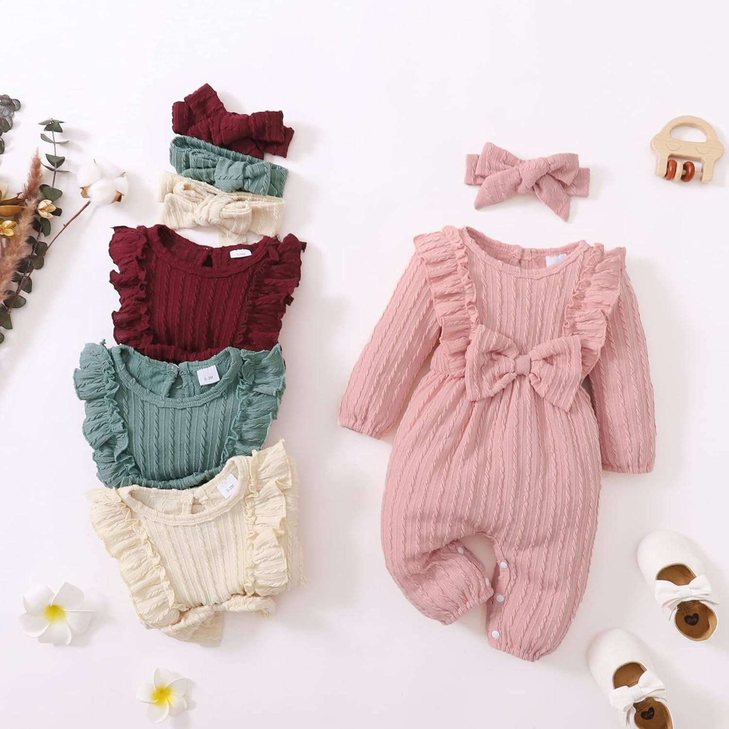 Baby Girl Romper Infant Fall Winter Clothes Ruffle Sweater Long Sleeve Bodysuit Jumpsuit and Headband