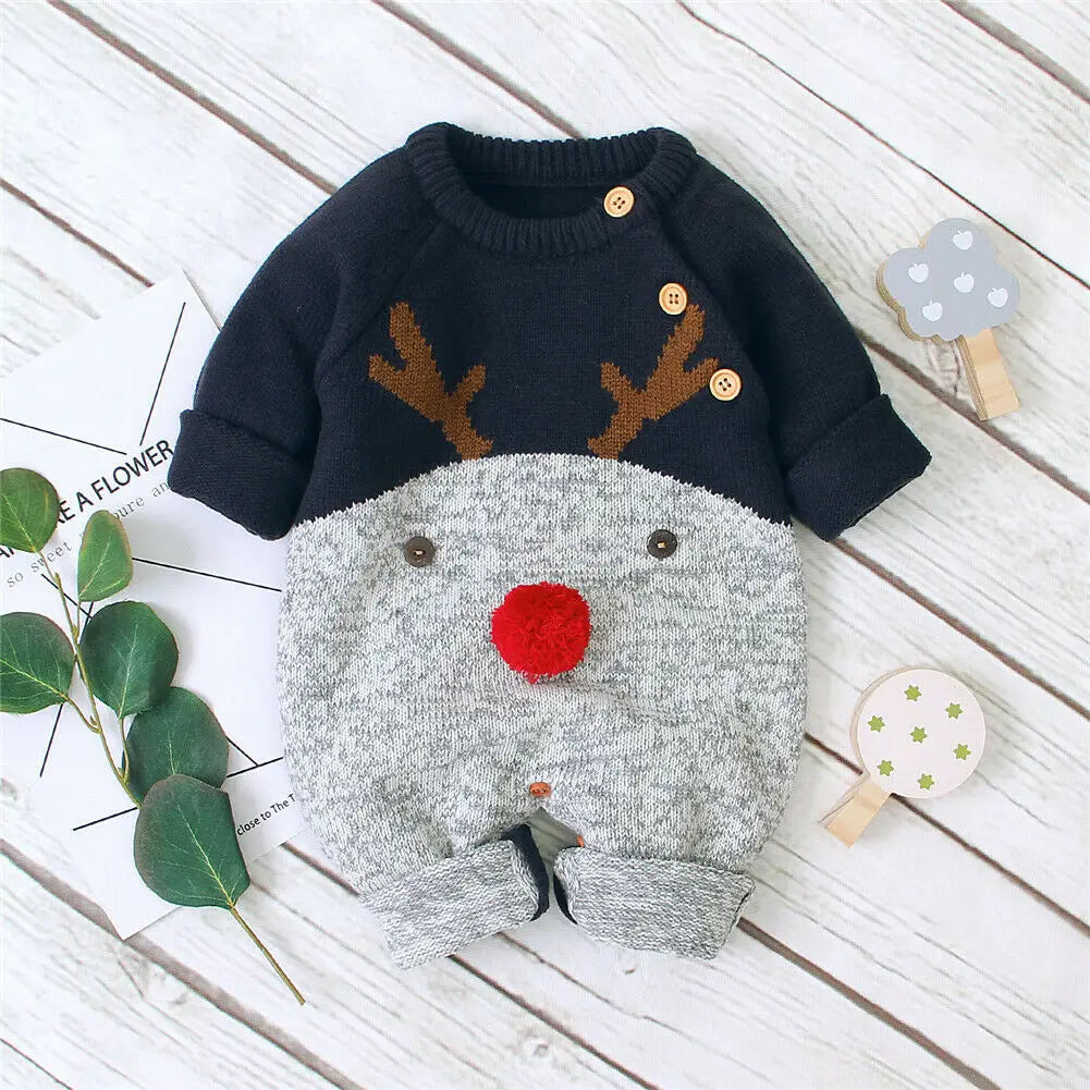 0-18M Christmas Baby Clothes Newborn Infant Boy Girl Deer Romper Knitted Warm Jumpsuit Xmas Baby Costumes Clothes